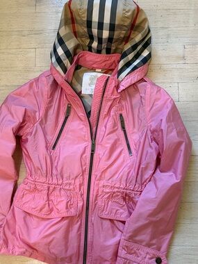 Burberry Pink Hooded Kids Raincoat with Check Lining